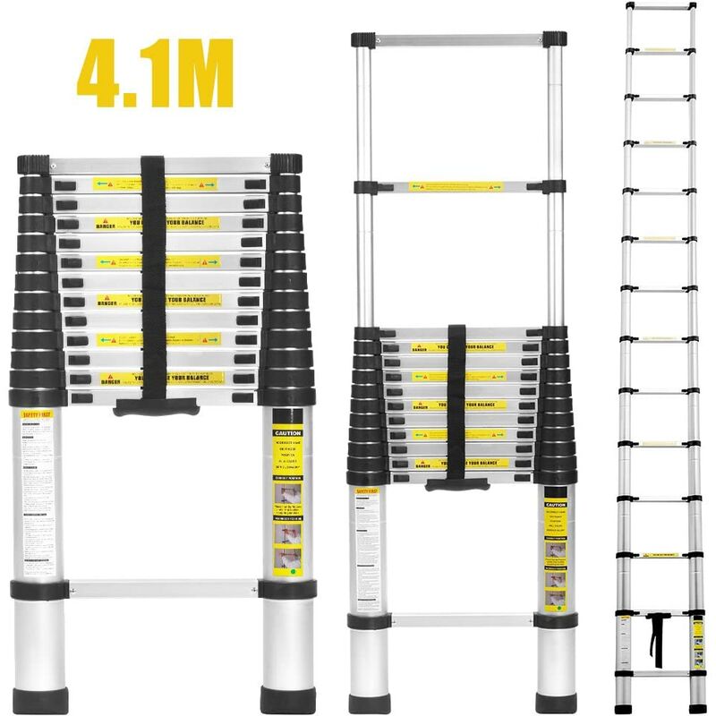 

Escalera telescópica de aluminio de 4,1 m con 14 escalones y longitud máxima de 410 cm, capacidad de carga de 150 kg