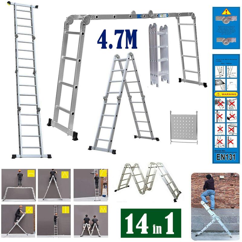 

Escalera telescópica de aluminio de 4,7 m, escalera telescópica plegable, escalera extensible, escalera multiusos, 16 escalones - Black