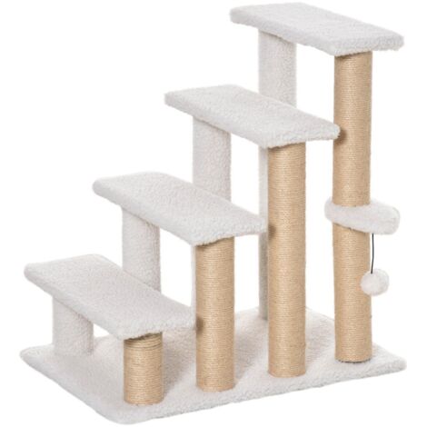 Escalier 4 marches pour chat/chien, 60x40x64 cm. Inclut griffoir en sisal, structure aggloméré et housse peluche blanche