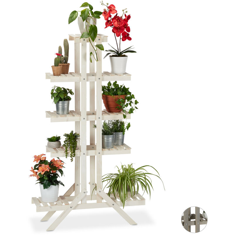 Escalier à fleurs, Étagère bois, Escalier plantes, 5 niveaux, intérieur, Shabby,142x83x25 cm, blanc - Relaxdays