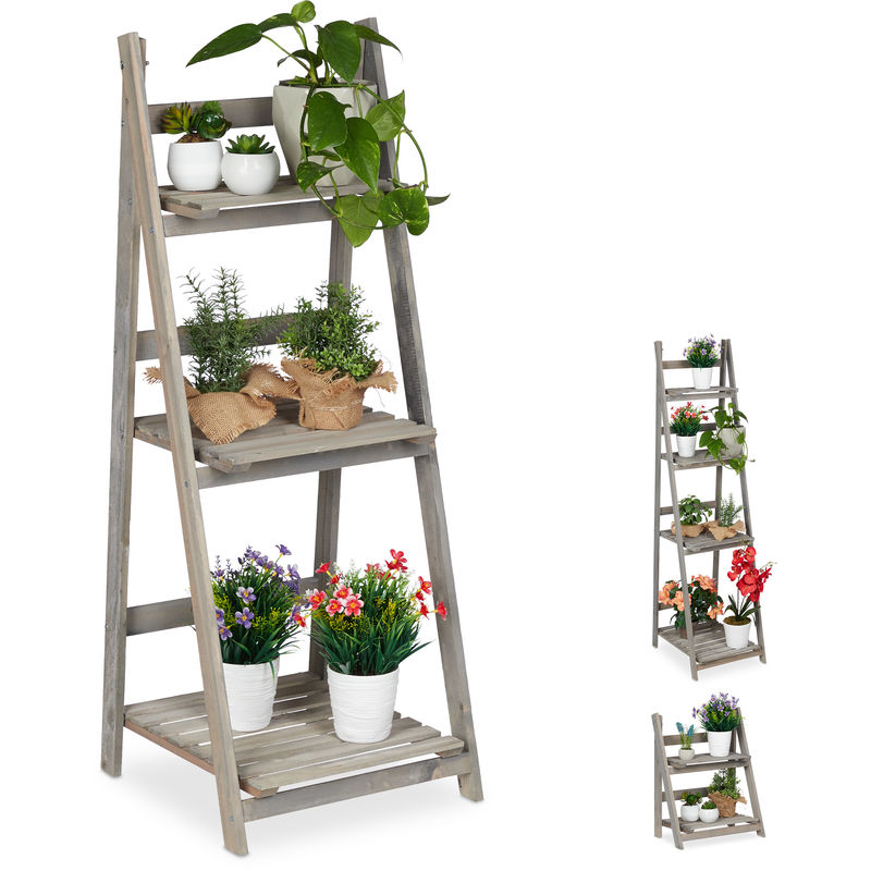 Escalier à fleurs, étagère bois, Escalier plantes échelle pliante intérieur, HxlxP: 108 x 41 x 40 cm, gris - Relaxdays