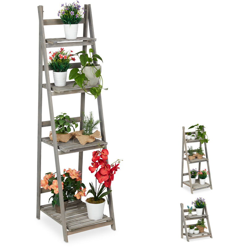 Escalier à fleurs, étagère bois, Escalier plantes échelle pliante intérieur, HxlxP: 160 x 41 x 50 cm, gris - Relaxdays
