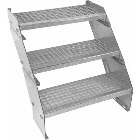 Escalier Caillebotis à 3 marches 600mm x 240 mm - Acier Galvanisé DIN 24537 - Hauteur totale 600mm - Maille 20 x 25 mm - Résistant à la Corrosion EN ISO 1461 - Construction Bâtiment Sortie de Secours