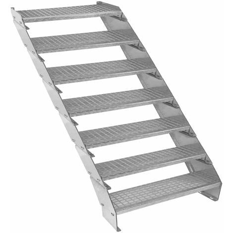 Escalier Caillebotis à 7 marches 900mm x 240 mm - Acier Galvanisé DIN 24537 - Hauteur totale 1400mm - Maille 20 x 25 mm - Résistant à la Corrosion EN ISO 1461 - Construction Bâtiment Sortie de Secours