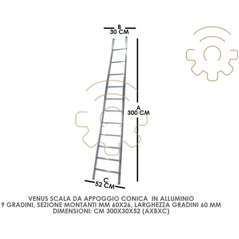 Escalier conique en aluminium Venus 9 marches 52x30x300 cm largeur marche 60 mm montants 60 x 26 mm