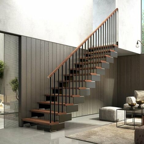 Escalier droit - Largeur 95cm - Bois et blanchi - Rampe verticale