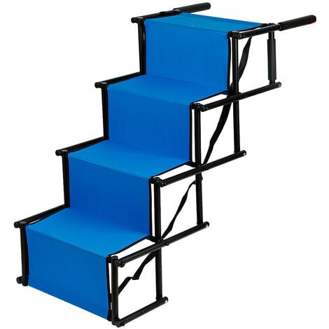 Escalier pliable pour chiens à hauteur réglable acier inoxydable + tissu Oxford bleu