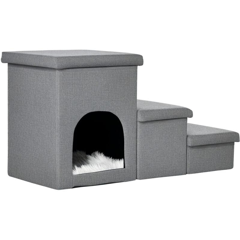Escalier pour chat chien niche coffre 3 en 1 - 3 marches, coussin inclus - revêtement tissu rembourré doux - structure mdf - gris