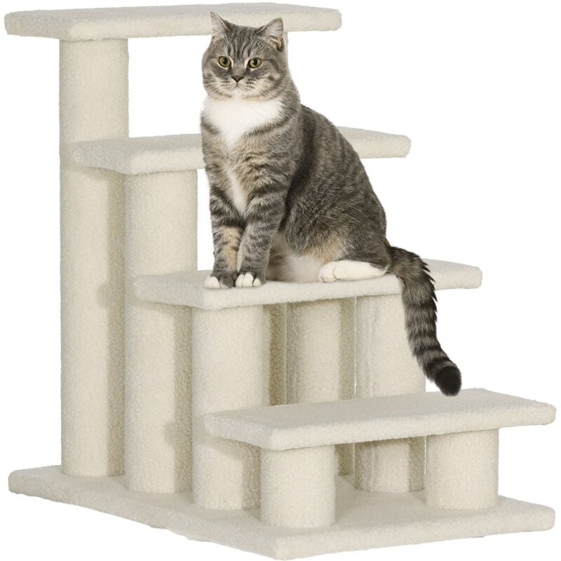 Escalier pour chat - escalier pour chien - 4 marches - revêtement flanelle grande douceur haute densité - structure panneaux particules - beige