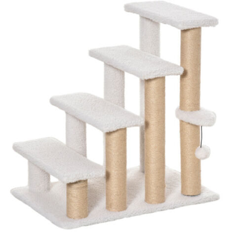 Escalier Pour Chat Et Chien 4 Marches Avec Arbre À Chat Griffoir En Panneaux De Particules Peluche Et Jute Blanc 60x40x64 Cm