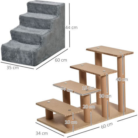 Escalier pour chien, 4 marches, 44 cm de hauteur, idéal pour les petits chiens et chats. Rampe d'accès avec housse lavable, parfaite pour monter sur un lit, un canapé ou un fauteuil. Gris clair.