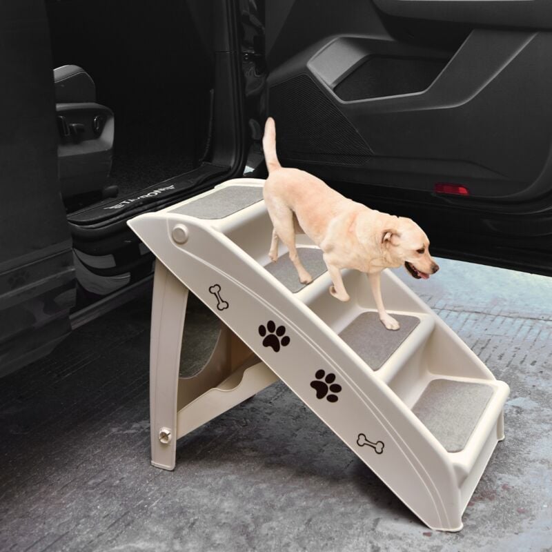 Escalier pour Chien Pliant à 4 Marches en Plastique Charge 60KG 64 x 39 x 49 cm Feutre Doux Chiens et Chats Beige CW2218 design in