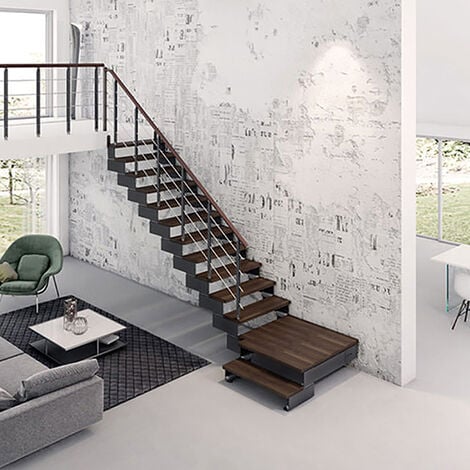 Escalier quart tournant 12 marches - Hauteur à franchir de 2.28 à 2.86m -  Largeur 75 cm - Noyer et anthracite - COMPO75/L/NA-RH-12