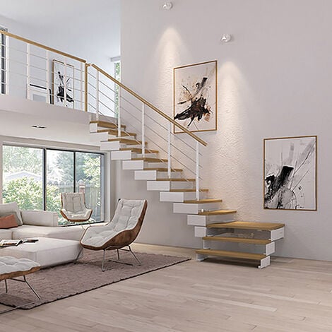 Escalier quart tournant 12 marches - Hauteur à franchir de 2.28 à 2.86m - Largeur 95 cm - Bois et blanc - Rampe horizontale - COMPO95/L/BB-RH-12