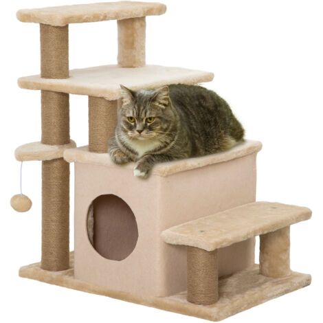Escaliers animaux griffoir 4 marches ballon jeu petite maison hauteur réglable 60x40x66 cm beige