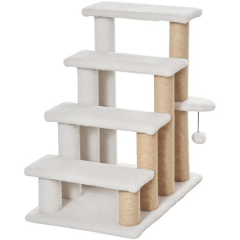 Escaliers chat 4 marches animaux compagnie griffoirs boule chiens peluche jute 60x40x64 cm blanc