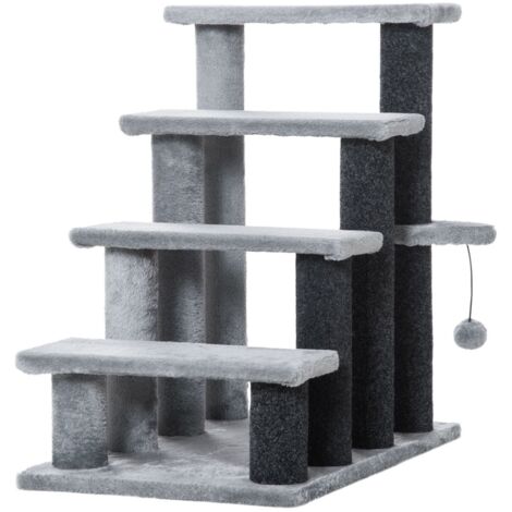 Escaliers pour chat/chien 60x40x64 cm , idéal animaux âgés. 4 marches avec balle jeu et plateforme en jute & peluche grise