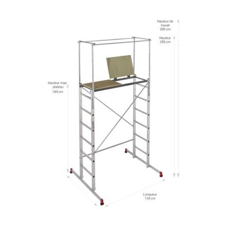 Escalux – Échafaudage mobile aluminium 150 kg – Hauteur 4,1 m – Plateau en aggloméré hydrofuge – Système de garde-corps périmétrique