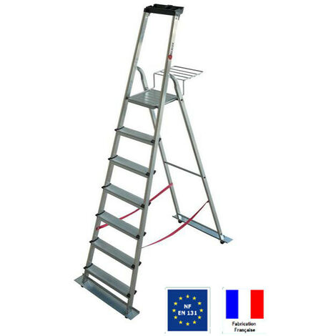 Escalux – Escabeau 7 marches aluminium – Hauteur de travail 3,42 m – Charge max 150 kg – Bases stabilisatrices amovibles – Norme NF EN-131