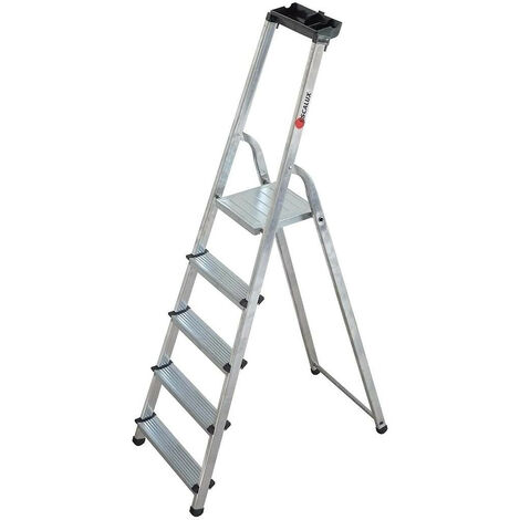 Escalux – Escabeau aluminium 5 marches – Hauteur de travail 2,99 m – Charge max 150 kg – Plateforme 99 cm – Antidérapant et anti-basculement