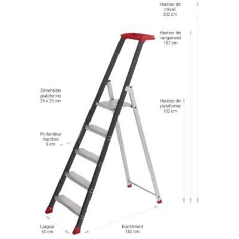 Escalux – Escabeau aluminium 5 marches – Charge maximale 150 kg – Hauteur de travail 302 cm – Système anti-basculement – Tablette porte-outils