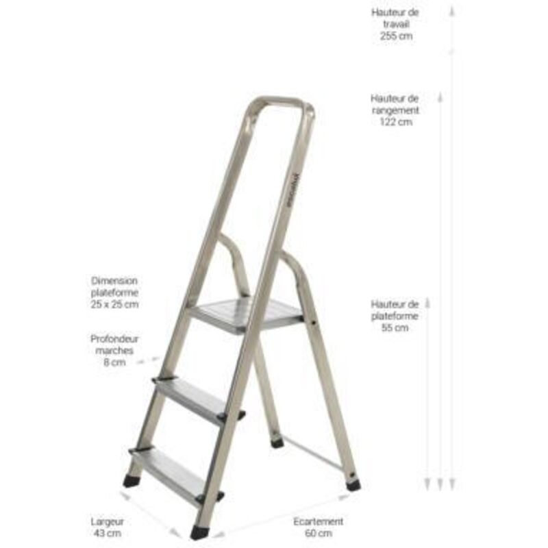 Escabeau ménager de sécurité Aluminium 3 marches Hauteur 2,55 m - alumixte - Escalux