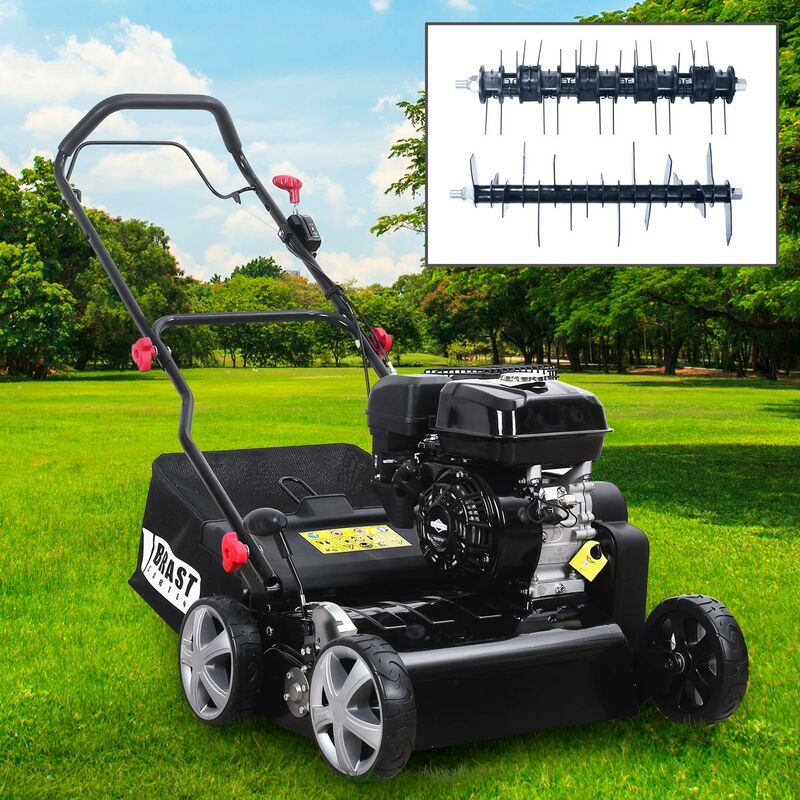 

Brast - Escarificador de gasolina 208cc Briggs Stratton de 4 tiempos-5,7CV-ancho 42cm-50l, 2en1: rodillo escarificador y aireador, 6 niveles de