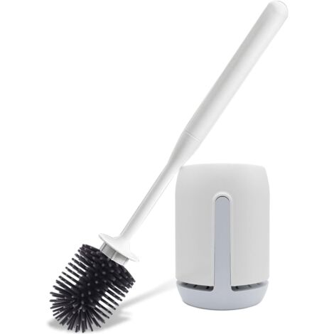 Escobilla de baño de silicona con cabezal redondo, de pared o de pie, antibacteriana, de secado rápido, mango largo, color gris.