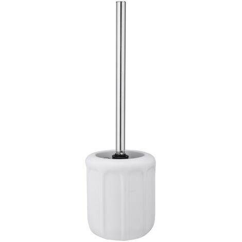 Escobilla de baño LINO con recipiente de cerámica, blanco mate, relieve, diseño estriado, mango plateado, estilo industrial