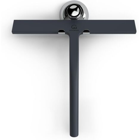 Escobilla de goma para ducha con soporte - Negra - Ancho: 23 cm - No requiere taladrar - Escobilla de goma de silicona - Para ducha, baño y ventanas - Núcleo de acero inoxidable - Con soporte de vento