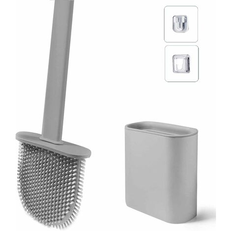 Escobilla de inodoro con soporte, escobilla de inodoro de silicona flexible, escobilla de inodoro de secado rápido y contenedor para baño con soporte de pared, gris
