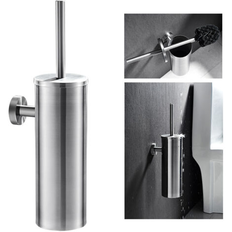 Escobillero Baño de pared con tapa Escobilla WC de Acero Inoxidable Cepillado, A prueba de salpicaduras, Antiolor, Con cepillo de limpieza de 360º