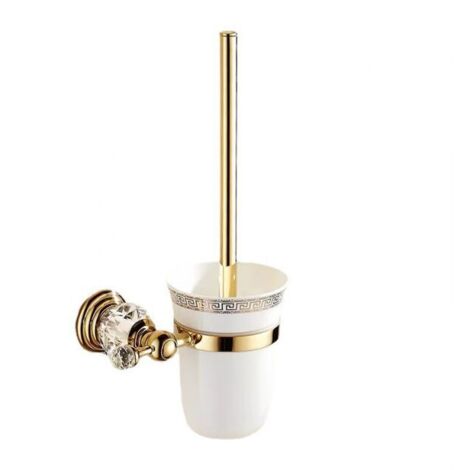 Escobillero metálico con cristal pulido y juego de escobilla. Accesorios de baño de diseño dorados. Montaje en pared y listo para usar.