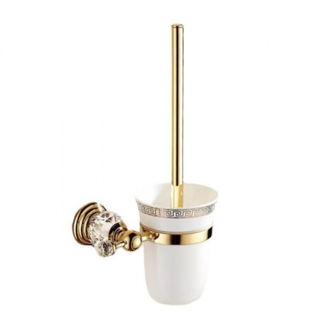 Escobillero metálico con cristal pulido y juego de escobillero. Accesorios de baño de diseño dorados. Montaje en pared y listo para usar.