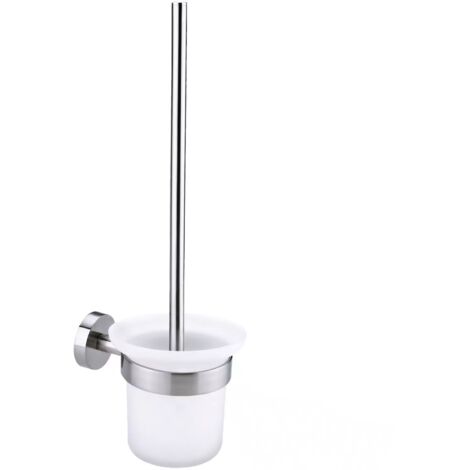 Escobillero y soporte para inodoro, juego de escobillero para baño con mango de acero inoxidable y cuenco de vidrio templado, cepillo de cerdas suaves autoadhesivo para montaje en pared, color platead