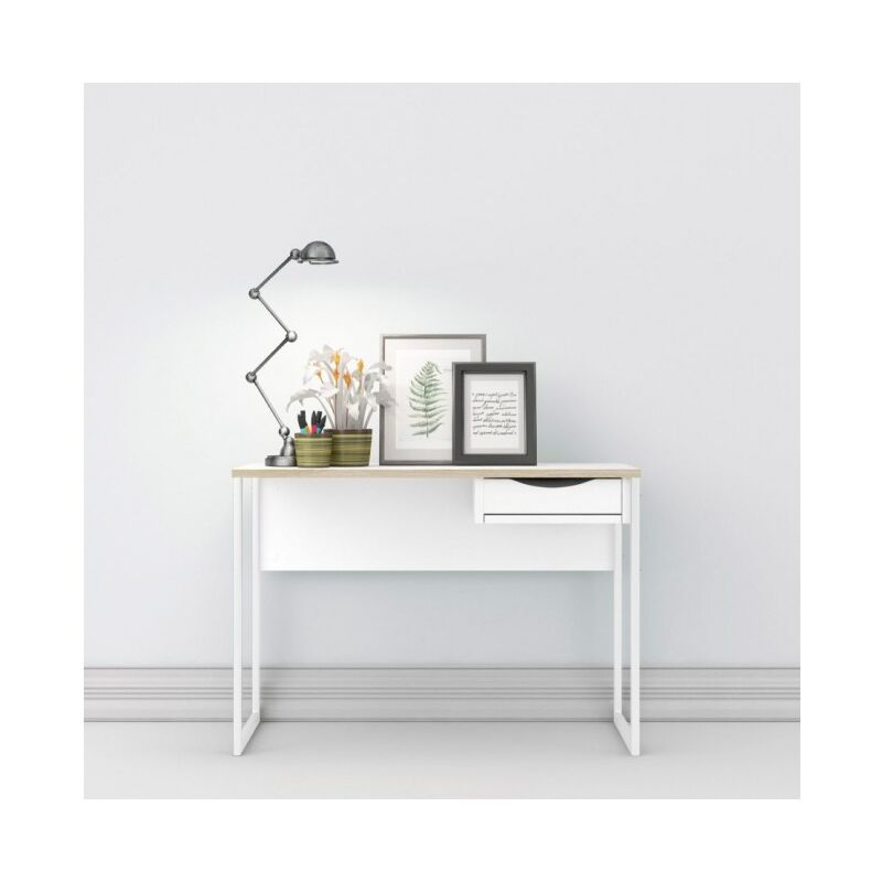 

Caesaroo - Escritorio 110x48 cm Blanco Mate y Roble con un cajón | roble y blanco