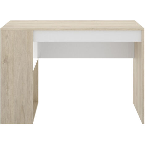 Escritorio 115x50 blanco mate y roble natural con un cajón y un estante lateral - Ginevra