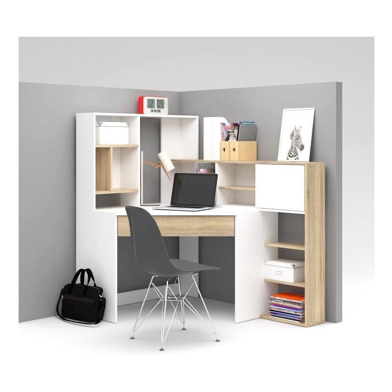 

Caesaroo - Escritorio 138x141 cm Blanco Mate y Roble con cajón y estantes | roble y blanco