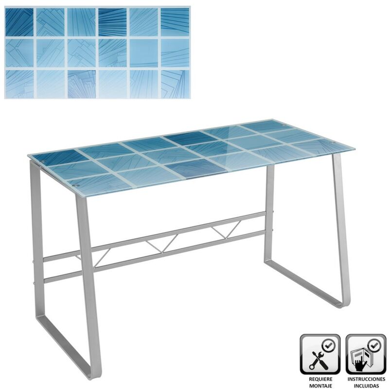 

Escritorio azul de cristal templado y metal de diseño de 120x60x75 cm