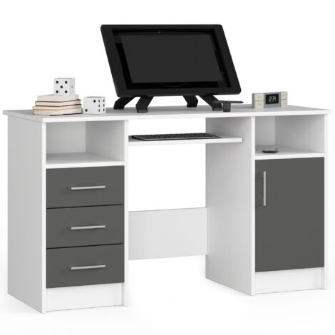 Escritorio AKORD ANA Blanco 124 cm escritorio de ordenador 1 puerta 3 cajones frente en color Gris Grafito 5 estantes 124x52x74 cm