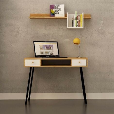 Escritorio Basil Metal - Mesa - con estante, cajones - para oficina, estudio, dormitorio - Roble, Blanco, Negro en Madera, Metal, 100 x 60 x 72 cm