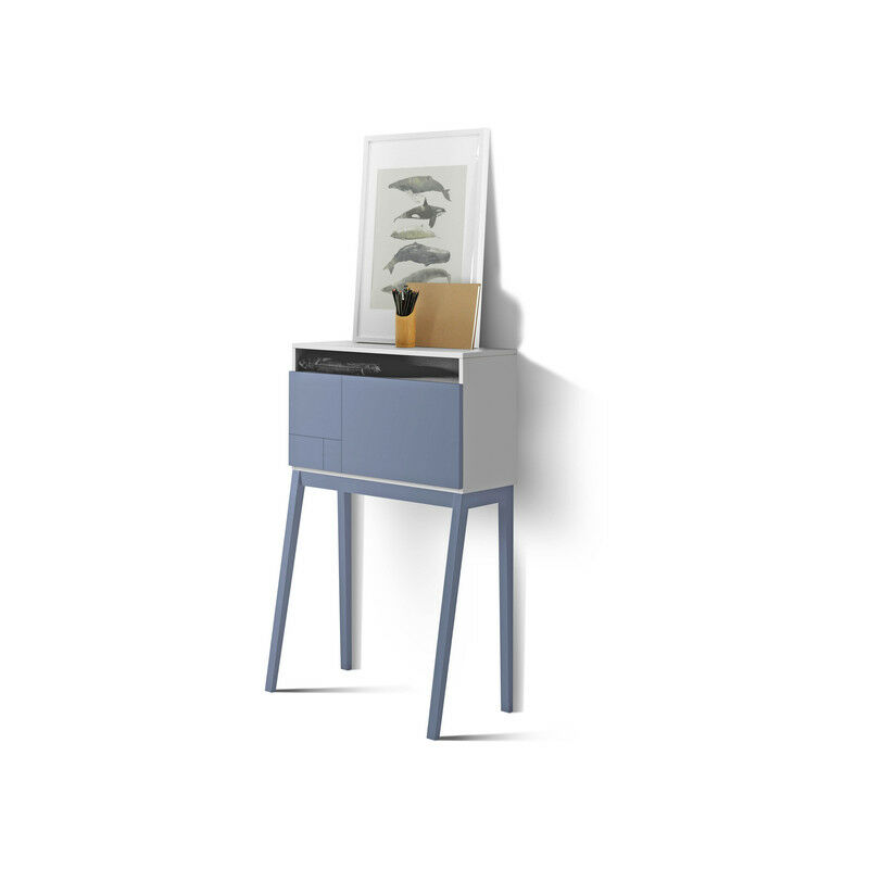 

Escritorio BRISTOL en melamina blanca con puerta abatible y patas de haya azul. - Azul