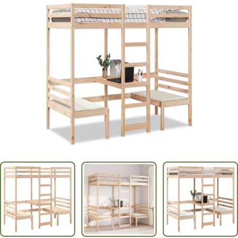 Escritorio -  Cama alta con escritorio y asientos madera maciza 80x200 cm