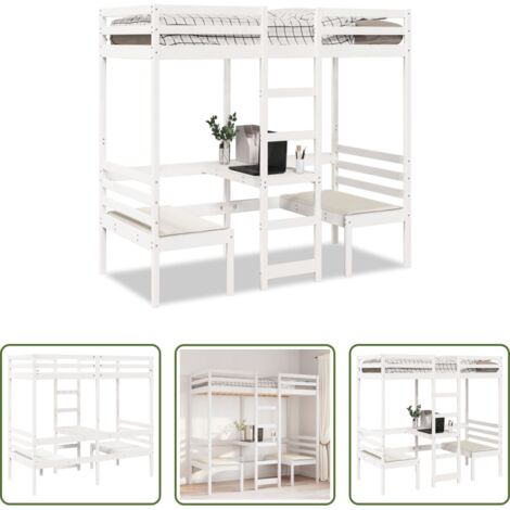 Escritorio -  Cama alta escritorio y asientos madera maciza blanco 90x200 cm
