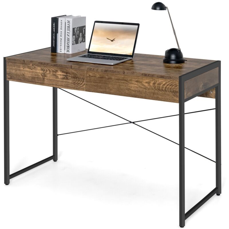

Costway - Escritorio con 2 Cajones Mesa de Ordenador con Marco de Acero Mesa de Trabjo para Hogar Oficina 112x48x76centímetros Marrón