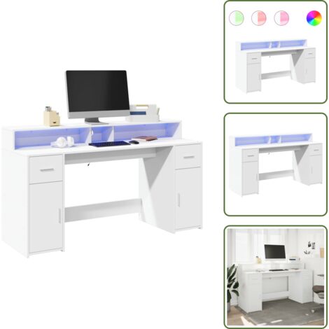 Escritorio con almacenamiento - vidaXL Escritorio con luz LED madera ingeniería blanco 160x55x91 cm - Escritorio de oficina