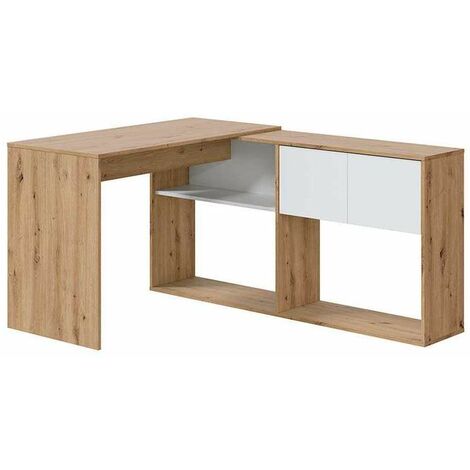 Escritorio con estantería reversible Gema en blanco artik y roble nordi 72,5 cm (alto) x 112 cm (ancho) x 144 cm (prof.)