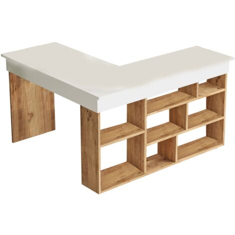 Escritorio con estantes de almacenamiento decorado en madera de pino y blanco L180 cm