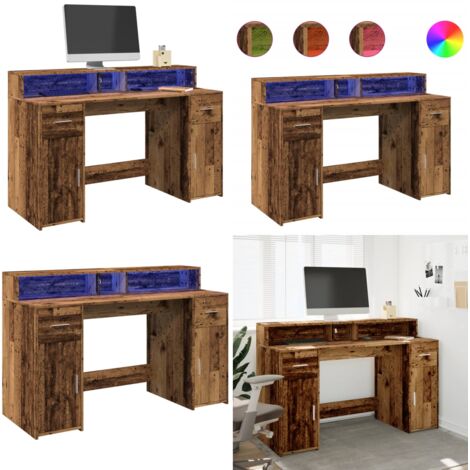Escritorio con LED madera ingeniería envejecida 140x55x91 cm - Escritorio de madera - Escritorio con iluminación RGB