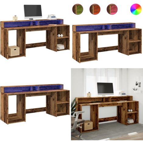 Escritorio con LED madera ingeniería envejecida 200x55x91 cm - Madera de ingeniería - Almacenamiento organizado